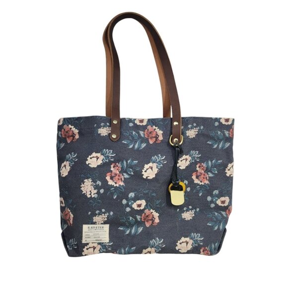 RIVETER Handbags - R. Riveter Canvas Tote Bag Wilson Floral Leather Handle Blue Grey Shoulder